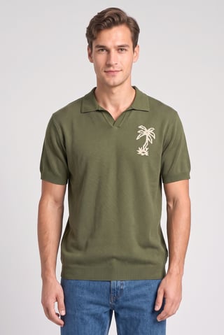 Men Regular Fit Knitted Short Sleeve Polo Shirt, Olive