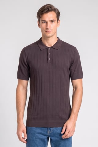 Men Regular Fit Knitted Short Sleeve Polo Shirt, Dark Brown