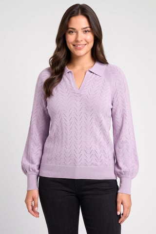 Women Spread Collar Eyelet Sweater, Lavender