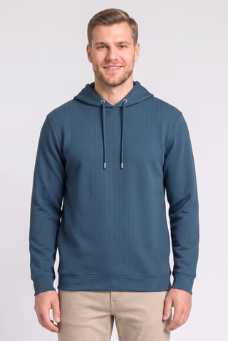 Men Long Sleeve Textured Hoodie, Teal Blue