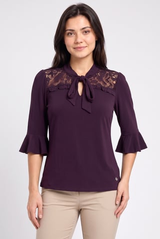 Women Tie Neckline 3/4 Sleeve Lace Details Blouse, Plum
