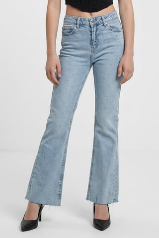 Women Cropped Fit Embellished Stretchable Flare Jeans, Light Blue