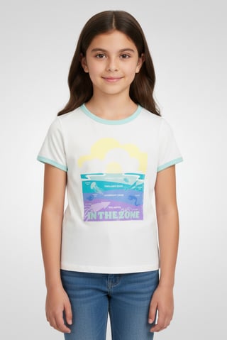 Kids Girl Round Neck Short Sleeves Graphic Print Top, White