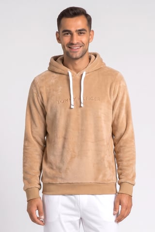 Men Embroidered Logo Long Sleeve Sleepwear Hoodie, Brown
