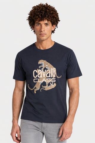 Men Crew Neck Short Sleeve Brand Logo T-Shirt, Dark Navy