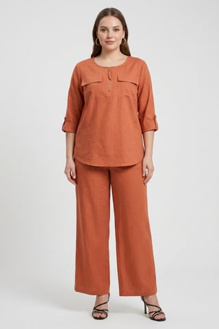 Women 2 Pieces Plain Top And Palazzo Pants Set , Rust