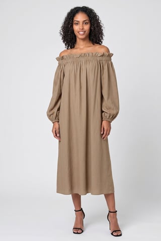 Women Textured Off Shoulder Midi Dress, Tan