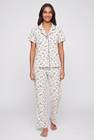Women 2 Pcs Short Sleeve Allover Print Top And Pants Pyjama Set, Multicolor