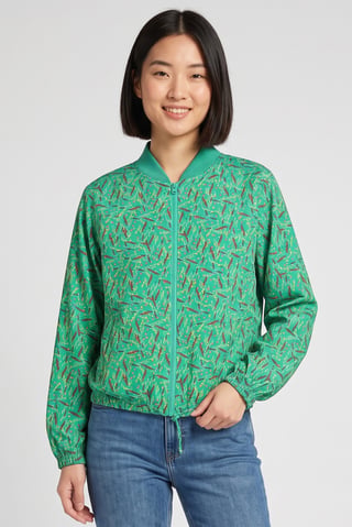Women Allover Print Full Zip Jacket Shirt, Multicolor