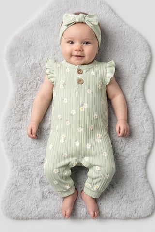 Toddlers Girl 2 Pcs Floral Print Rompers With Headband Set, Sage Green