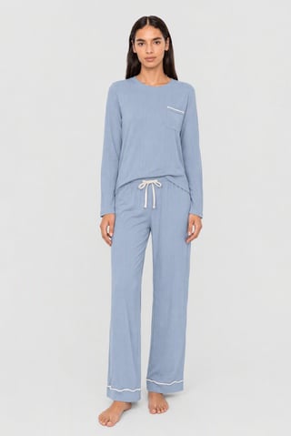 Women 2 Pieces Textured Long Sleeve Pajama Set, Dusty Blue