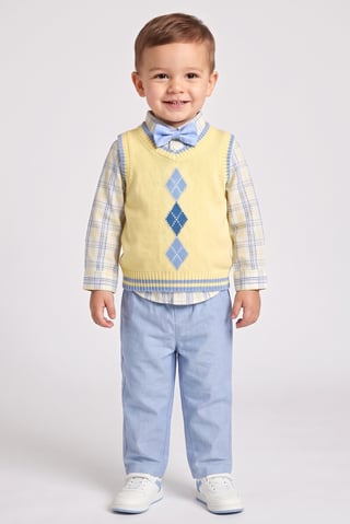 Toddlers Boy 4 Pcs Checkered Shirt And Pants With Bow Tie Vest Set, Multicolor