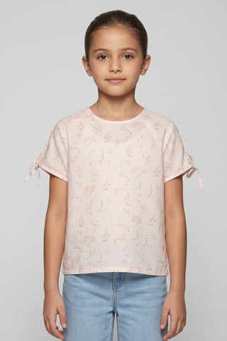 Kids Girl Crew Neck Short Sleeve Floral Print T-Shirt, Light Pink