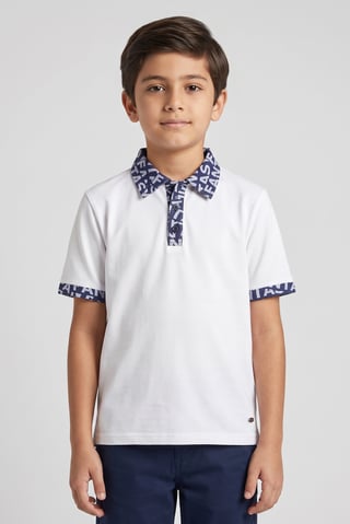 Kids Boy Graphic Print Short Sleeve Polo Shirt, White