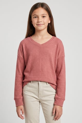 Kids Girl V Neck Textured Long Sleeves Sweater, Rust
