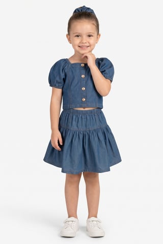 Toddlers Girl 3 Pieces Solid Top And Skirt Set With Headband, Blue