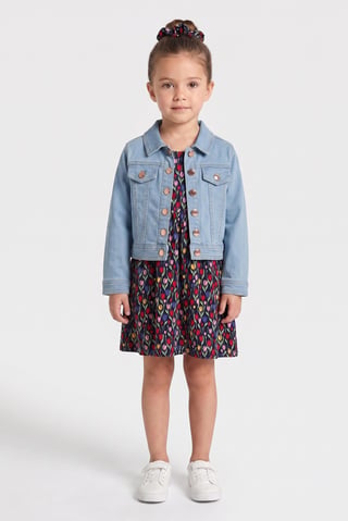 Kids Girl 3 Pieces Floral Print Denim Jacket With Dress And Headband Set, Multicolor