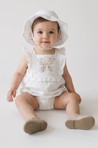 Toddlers Girl 2 Pieces Embroidered Bodysuits And Bucket Hat, White