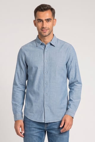 Men Regular Fit Long Sleeve Solid Casual Shirt, Denim Blue
