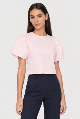 Women Round Neck Balloon Sleeve Plain Blouse, Pink