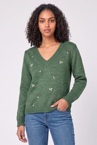 Women V-Neck Knitted Sweater, Green