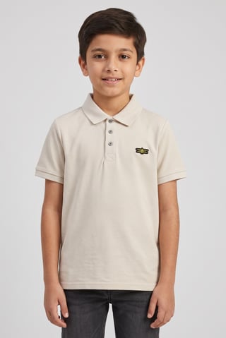 Kids Boy Regular Fit Embroidered Logo Short Sleeve Polo Shirt, Beige