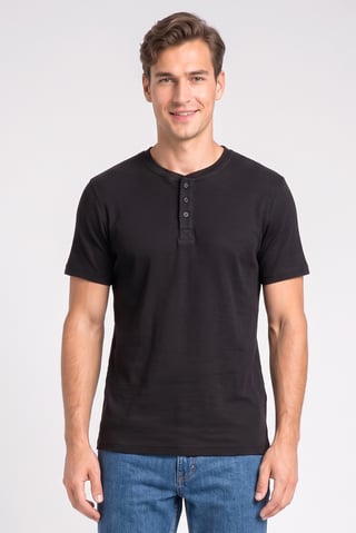 Men Henley Neck Short Sleeve Plain T-Shirt, Black