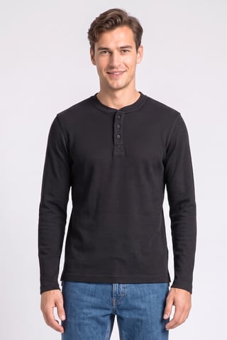 Men Henley Neck Long Sleeve Textured T-Shirt, Navy