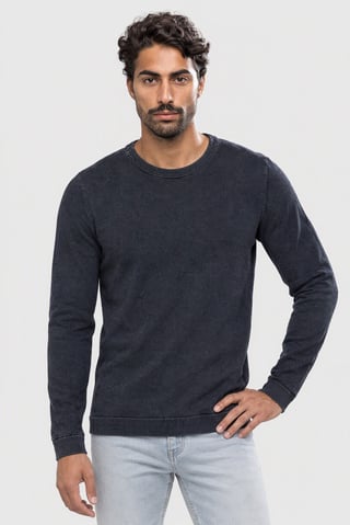 Men Crew Neck Knitted Sweater, Denim Navy