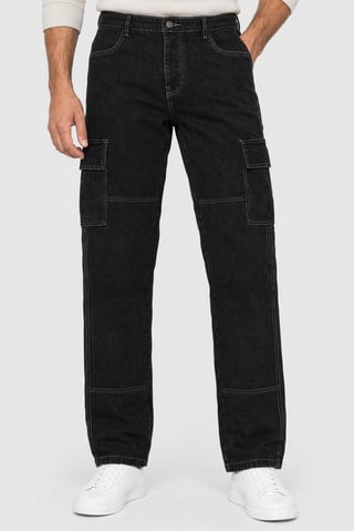 Men Loose Fit Solid No Stretch Cargo Jeans, Charcoal