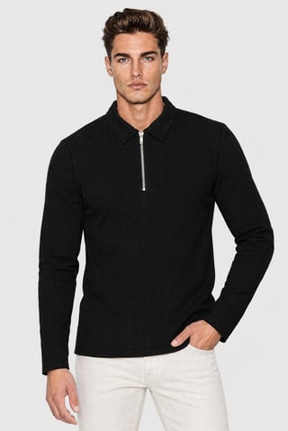 Men Regular Fit Half Zipper Long Sleeve Textured Polo Shirt, Black