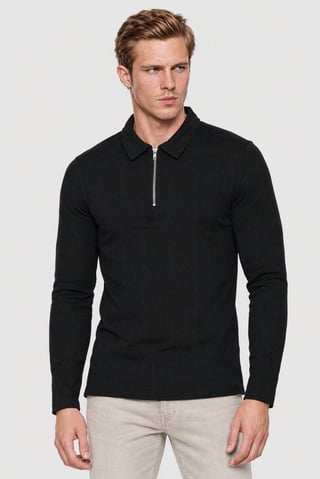 Men Regular Fit Half Zipper Long Sleeve Textured Polo Shirt, Navy