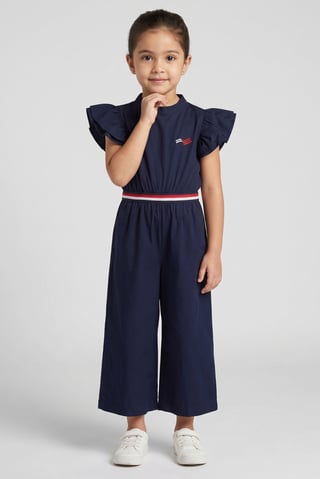 Kids Girl Embroidered Logo Short Sleeve Jumpsuit, Navy