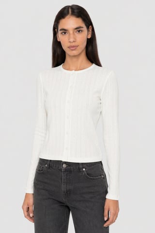 Women Round Neck Long Sleeve Textured Top, White