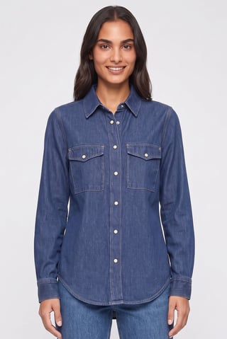 Women Pointed Collar Long Sleeve Washed Shirt, Blue