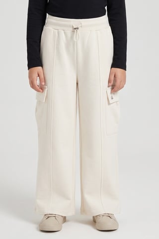 Kids Girl Regular Fit Solid Cargo Pants, Off White