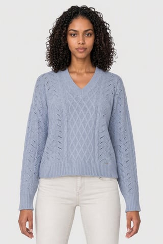 Women V-Neck Textured Long Sleeve Sweater, Light Blue