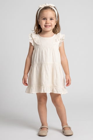 Toddlers Girl 2 Pcs Textured Dress With Headband, Cream
