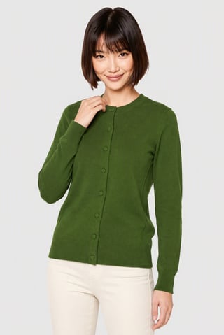 Women Crew Neck Knitted Cardigan, Green