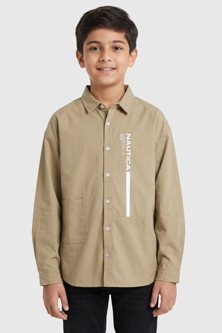 Kids Boy Graphic Print Long Sleeve Shirt, Khaki