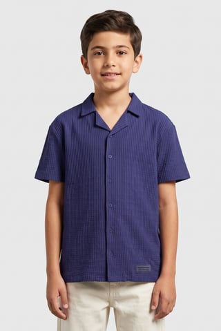 Kids Boy Brand Logo Short Sleeve Shirt, Navy Blue