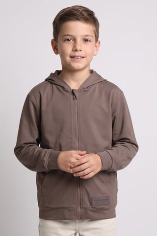 Kids Boy Brand Logo Full Zip Hoodie, Taupe