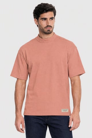 Men Oversized Fit Mock Neck Short Sleeve Brand Logo T-shirt, Peach