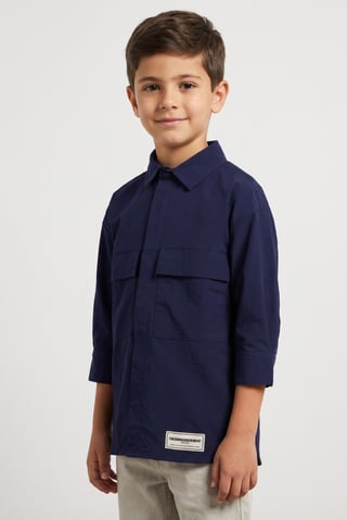 Kids Boy Brand Logo Long Sleeve Jacket Shirt, Navy