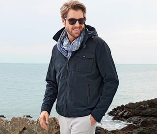 Men Plain Removable Hood Jacket Shirt, Navy Blue