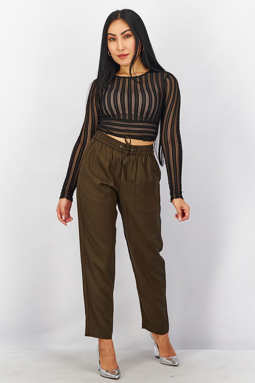 Women Regular Fit Solid Non Stretchable Drawstring Pants, Dark Olive