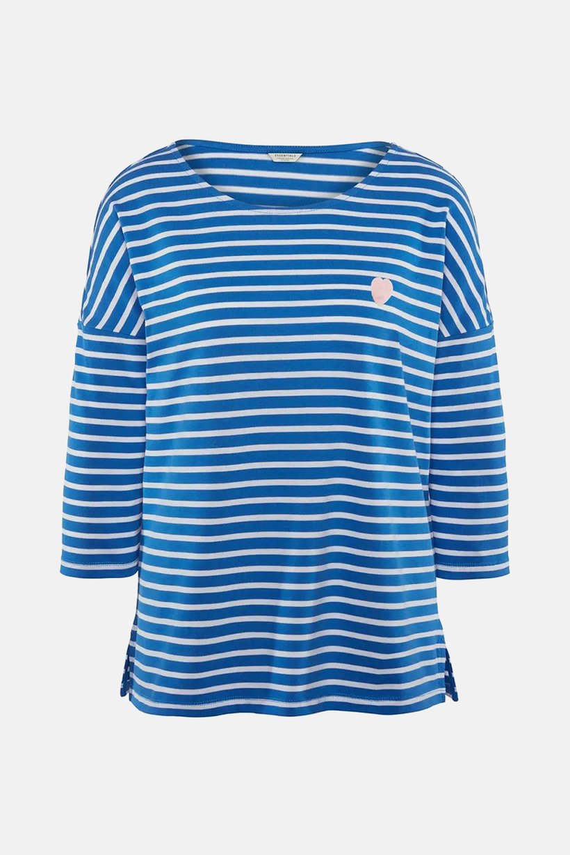 Women Round Neck 3/4 Sleeves Stripe Print Tops, Blue