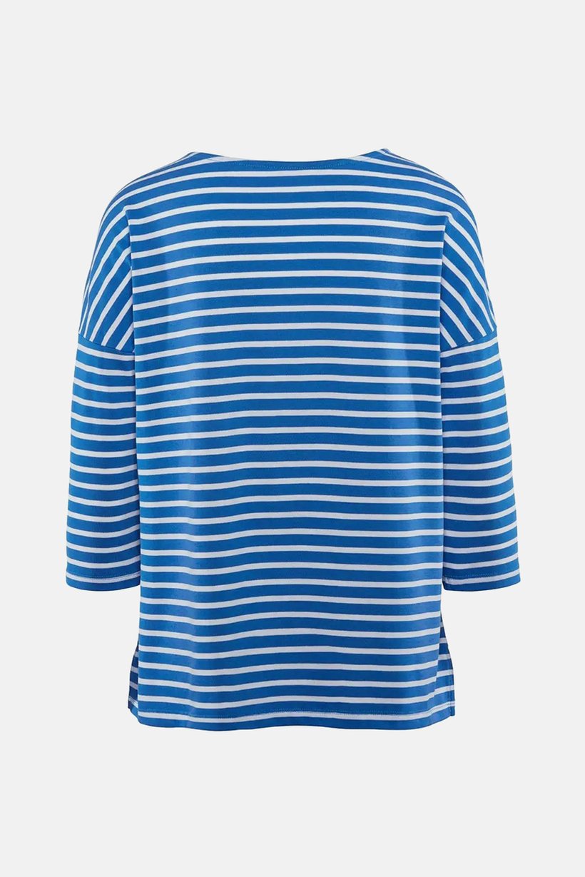 Women Round Neck 3/4 Sleeves Stripe Print Tops, Blue