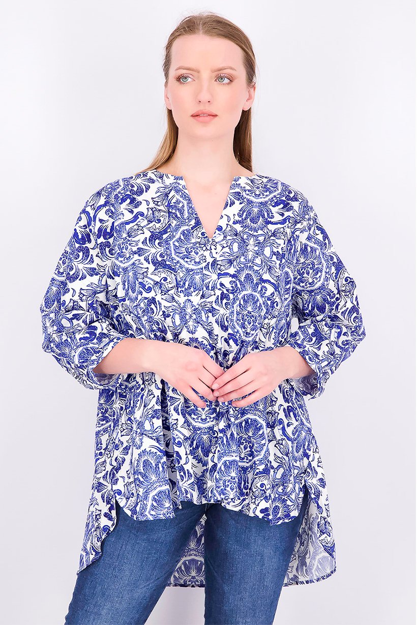 Women Split Neck 3/4 Sleeves Printed Top, Blue