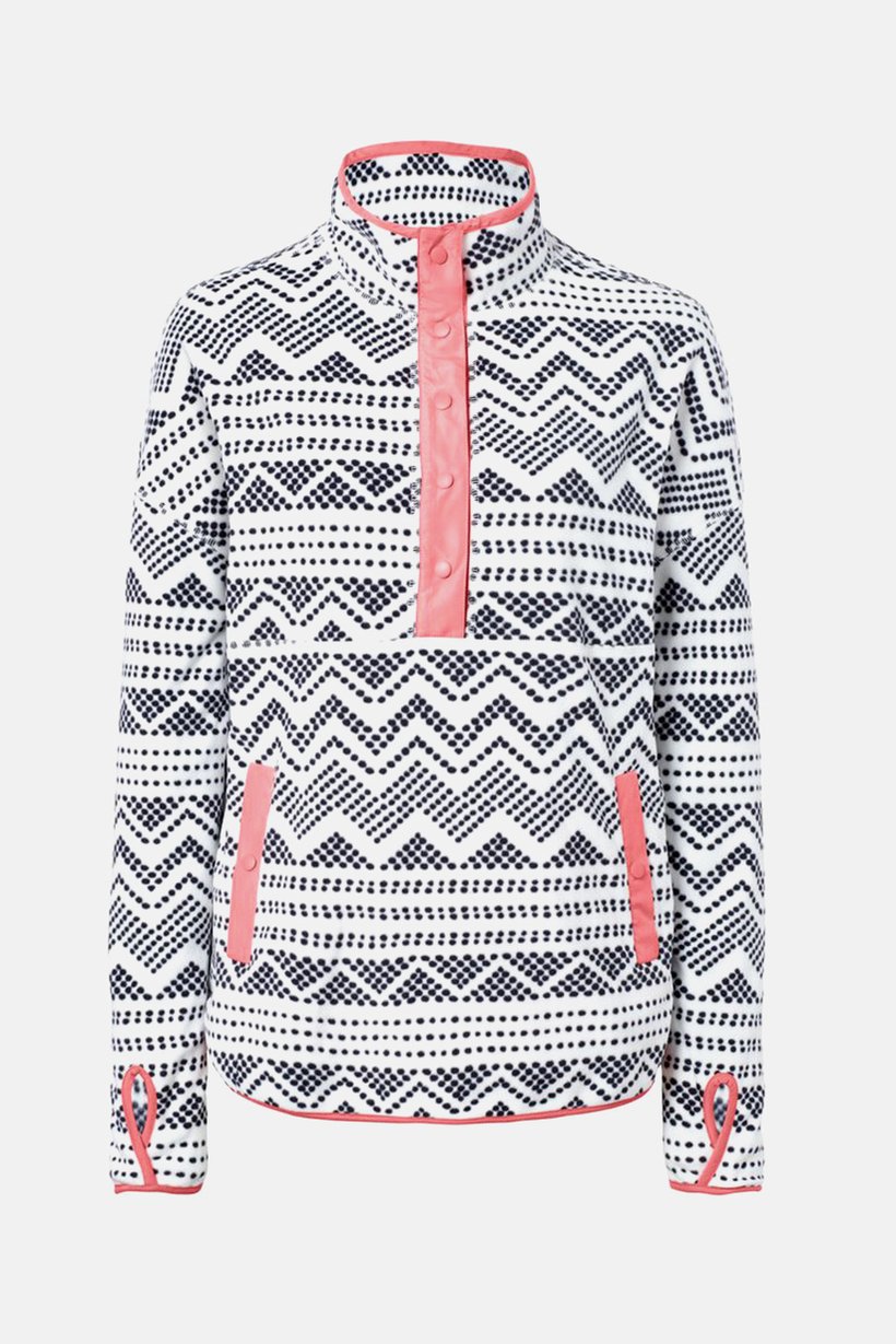 Women Stand Collar Long Sleeve All Over Printed Fleece Sweater, White Combo